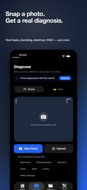 Diagnose screen with Take Photo and Upload buttons, listing detectable issues like roof leaks, plumbing, electrical, and HVAC