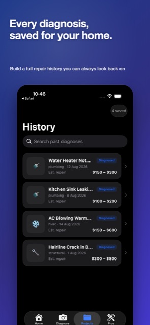 History screen listing past diagnoses with category, date, and estimated repair cost