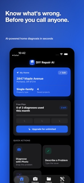 DIY Repair AI home screen showing a saved property, plan usage, and quick actions to diagnose with a photo or description