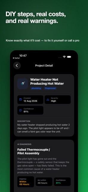 Project detail screen showing an AI diagnosis of a failed water heater thermocouple with severity, confidence, and urgency