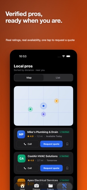 Local pros screen with a map view and a list of verified contractors including ratings and availability